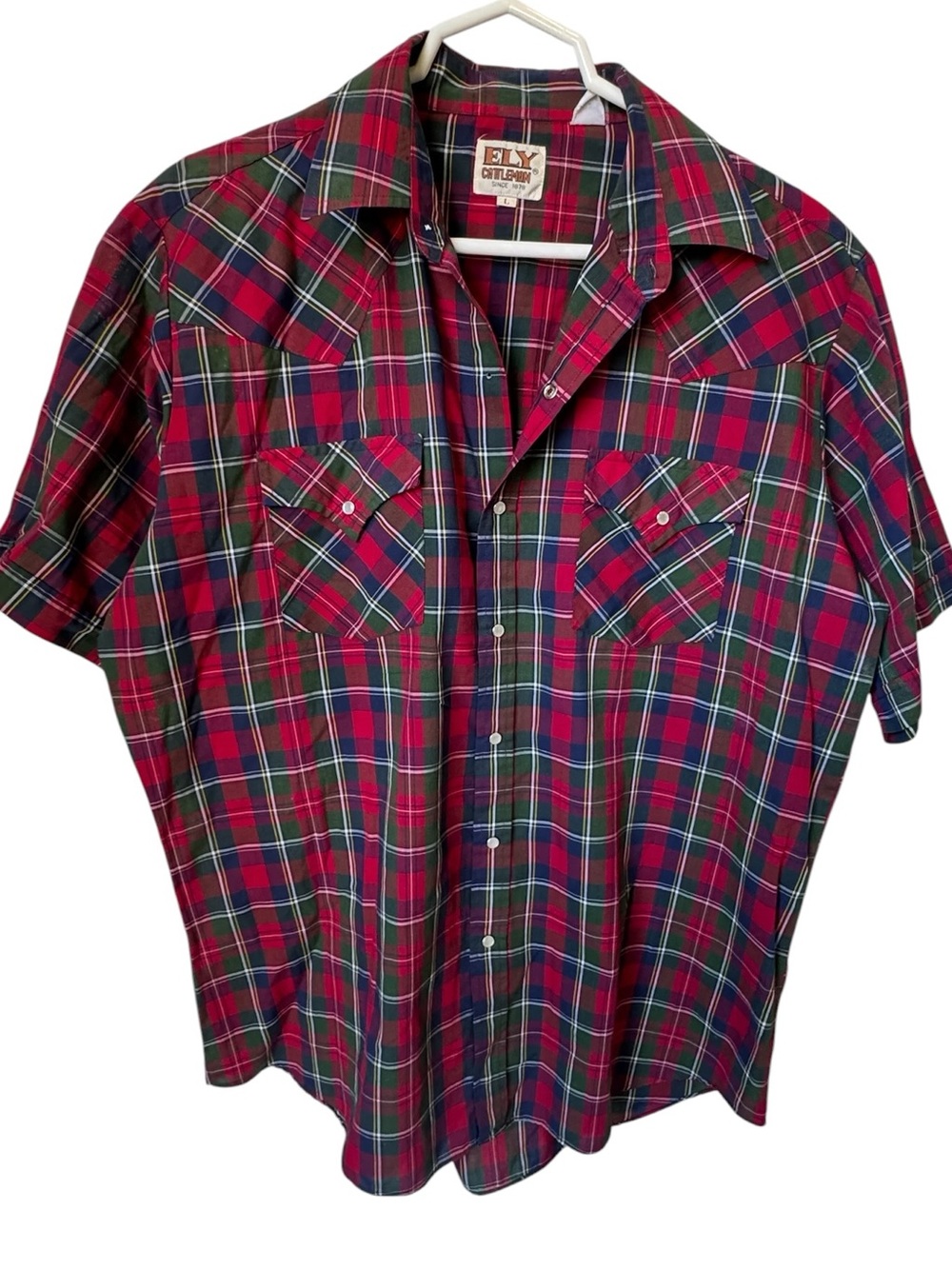 Vintage Ely Cattleman Red Plaid Western Short Sleeve 70s Snap Shirt Men’s L RARE